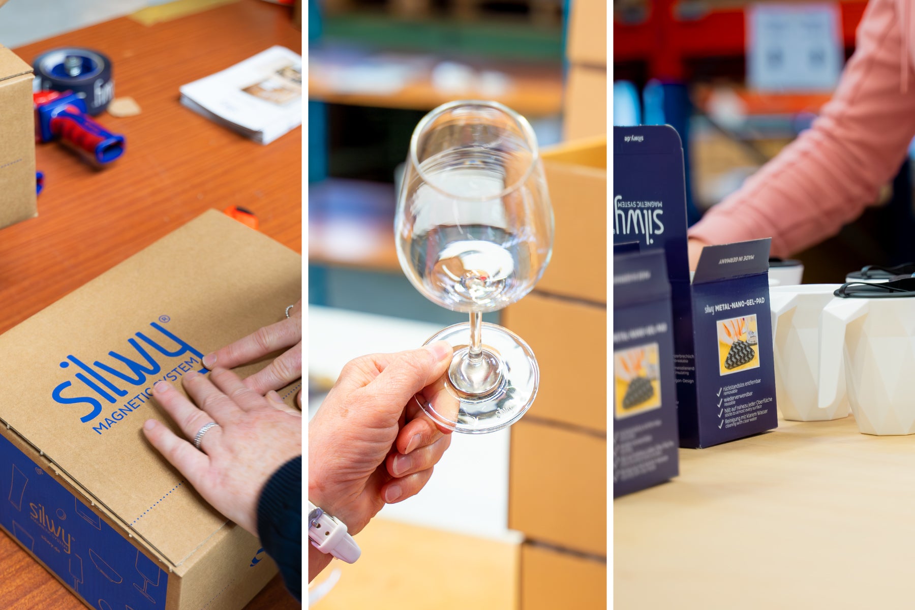 Lagerimpressionen - silwy Verpackung, Magnet-Kristallglas Wein und Magnet-Kunststofftasse TO-GO mit den zugehörigen Verpackungen