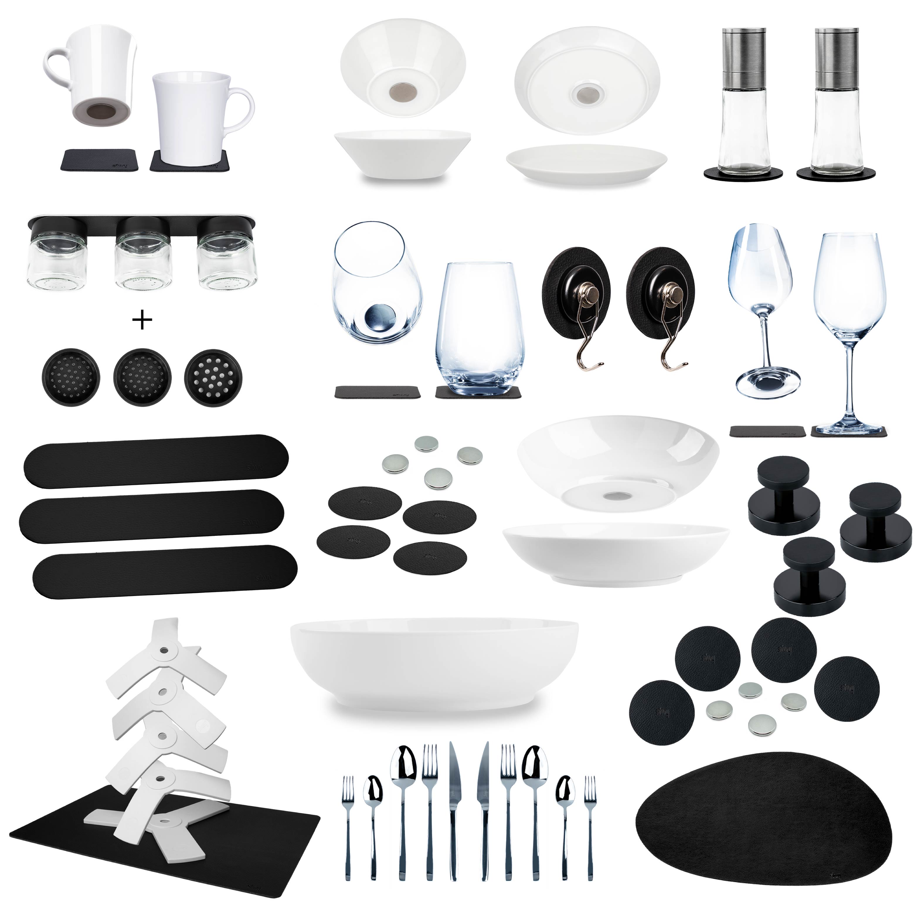 Set aus Tassen, Foodbowls, Teller, Gewürzgläser, Garderobe, Metall-Leisten, Sandwich und Besteck