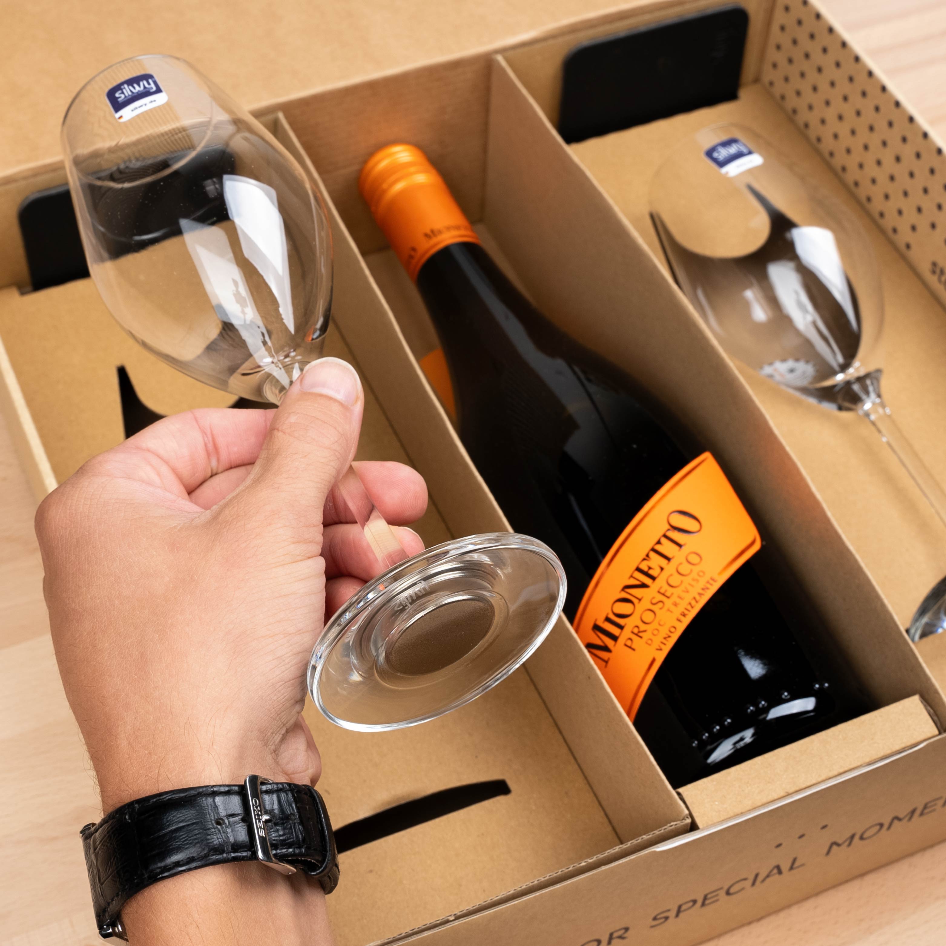 Geschenkbox Magnet-Kristallgläser Champagner und Mionetto Prosecco 